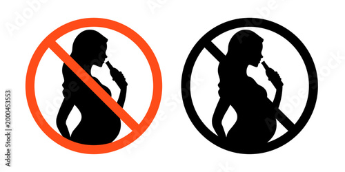 Pregnant woman icon with alcohol warning symbol highlights pregnancy danger and health caution. Vector silhouette shows mother with glass, baby label, and red restriction sign.