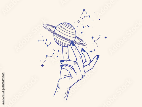 Mystical celestial hand holding Saturn planet, esoteric astrology vector with constellations and stars, spiritual alchemy line art illustration