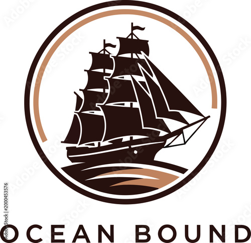 Vintage sailing ship logo with Ocean Bound text, nautical tall ship vector illustration, maritime vessel in circular frame, classic seafaring emblem