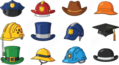 Cartoon Professional Hats and Helmets Collection Set with Police Firefighter Cowboy Construction Graduate and More Vector Illustration on White Background