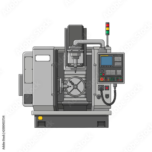 Industrial CNC Machining Center with Control Panel and Signal Light - Vector Illustration