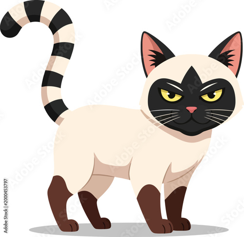 Grumpy Siamese cat vector illustration, angry feline character with striped lemur tail, funny pet mascot with dark face mask and yellow eyes