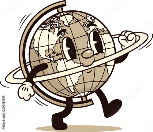 Retro cartoon globe character in rubber hose style, vintage walking earth mascot with hula hoop, nostalgic 1930s animation aesthetic for travel branding