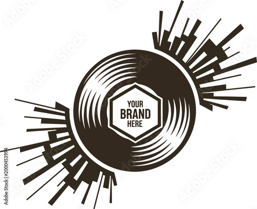 Vintage vinyl record logo with sound wave equalizer, retro music disc emblem for branding, black and white analog audio vector illustration