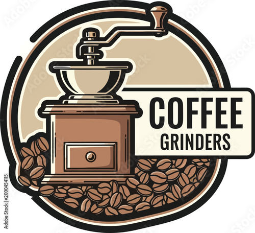 Vintage coffee grinder vector logo, antique manual mill with roasted beans, retro cafe emblem with coffee grinders text and brown earthy tones
