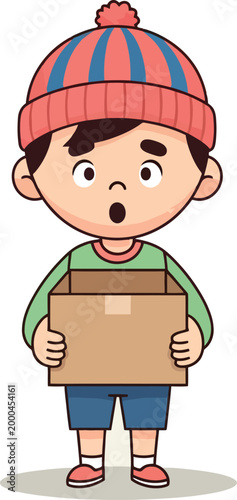 Surprised boy holding empty cardboard box vector, cute child character in winter hat, shocked kid with delivery package illustration