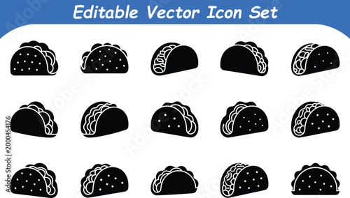 Group of editable vector icons featuring tacos with various fillings and shell