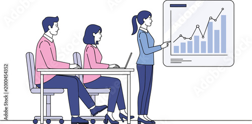 Business presentation vector illustration, corporate team analyzing financial growth charts, professional office meeting with data visualization