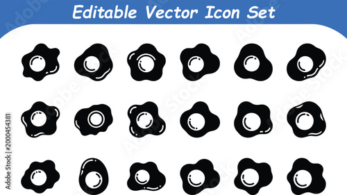 Collection of black fried egg icons with editable breakfast silhouette