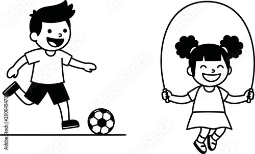 Children playing a boy with a soccer ball and a girl jumping rope