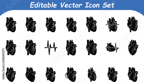 Heart anatomy icons set black silhouette with cardiology silhouette healthcare