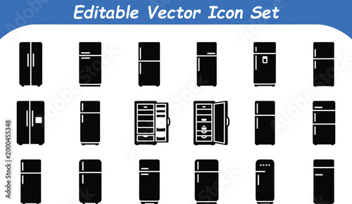 Editable vector icon set of refrigerators and freezers with food storage