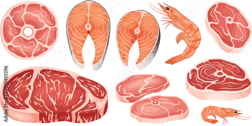 Fresh Raw Meat and Seafood Vector Illustration Set Featuring Beef Steaks, Pork Chops, Salmon Fillets, and Shrimp for Culinary Recipes, Butchery Shops, and Healthy Protein Diet Menus
