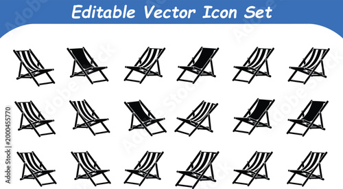 Editable vector icons set: deck chairs and loungers with deck chair, beach chair