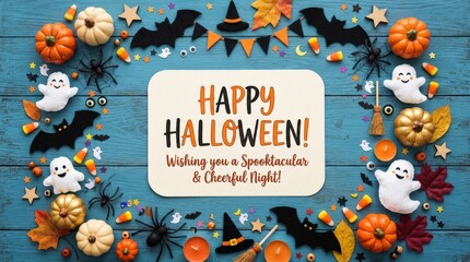 Halloween flat lay frame with pumpkins bats ghosts spiders and party decorations on blue background, cheerful spooky greeting card concept, realistic detail, no logos