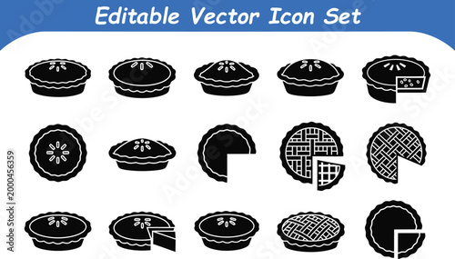 Editable vector icon set of pies and slices with fruit pie, illustration