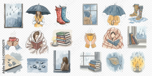 Cozy autumn and winter elements collection with rain, umbrellas, books, and warm drinks.
