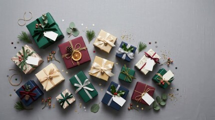 Assorted small gift boxes scattered on gray background, festive celebration flat lay with clean copy space, elegant wrapping detail, studio lighting, no logos