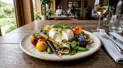 Vegetable dish with burrata on plate, fresh gourmet meal, colorful seasonal produce, creamy cheese, elegant restaurant presentation, natural lighting, no logos