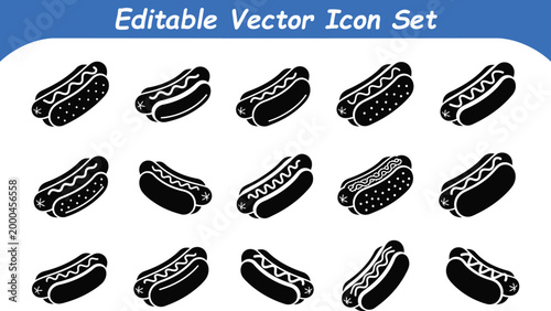 Editable vector icon set of hot dogs in buns with condiments hot dog fast food