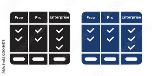 Pricing plans icons set, free, pro and enterprise tiers, subscription levels vector illustration