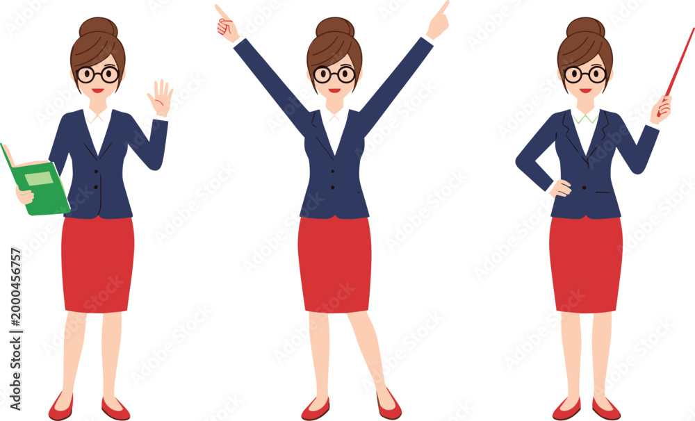 Fototapeta premium Female Teacher Character Set with Different Poses Holding Book and Pointer for Education Illustration School Presentation and Classroom Design Projects.