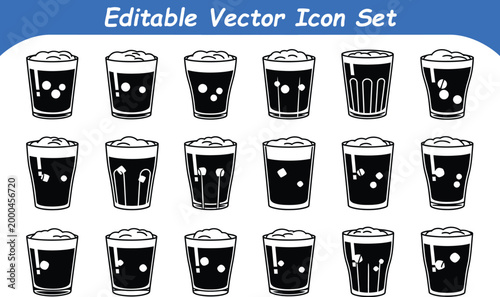 Set of black and white beer glass vector icons with beverage, refreshment