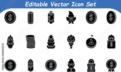 Collection of black and white vector icons: money nature people objects
