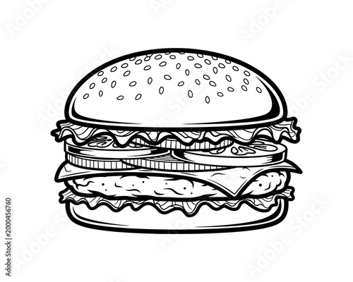 hand-drawn black and white deli sandwich illustration with lettuce, cheese, and sesame seed bun