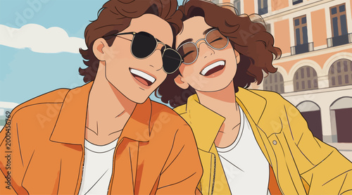 Happy young couple enjoying outdoor city travel together