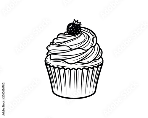 Hand-drawn cupcake with swirled frosting and chocolate topping isolated on white background