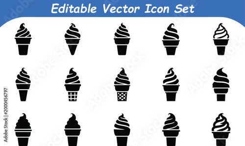 Collection of editable vector icons for ice cream cones with black and white
