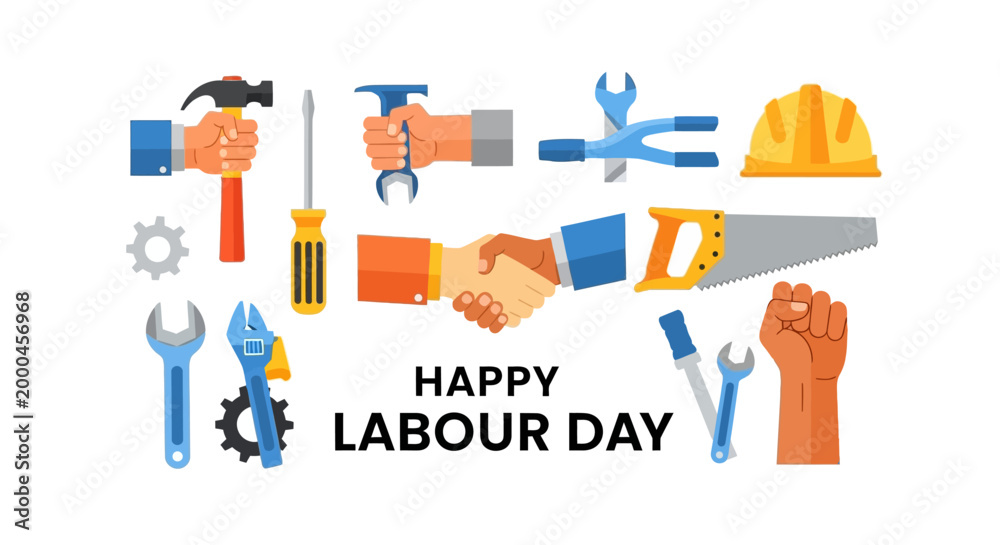 Fototapeta premium Happy Labour Day Celebration with Construction Tools and Handshake Illustration