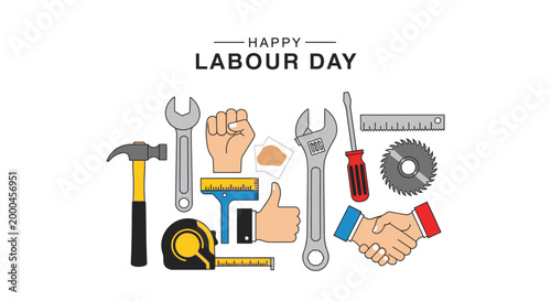 Labour Day Celebration Graphic with Assorted Construction Tools and Symbols