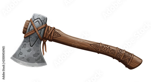 A detailed illustration of a medieval-style battle-axe with a wooden handle and leather wrap on a plain white background.