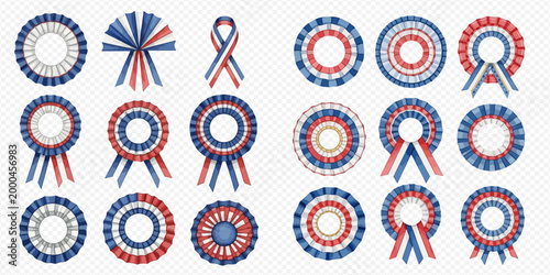 Collection of French cockades and ribbons in patriotic colors for national celebrations.