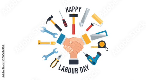 Happy Labour Day Greeting with Handshake and Construction Tools