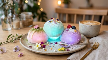 Three glowing colorful mochi desserts together, playful sweet treat concept with luminous pastel tones and modern dessert styling, realistic detail, no logos