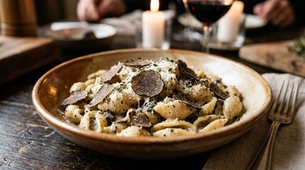 Fresh pasta shells mixed with black truffles for a gourmet dish, luxury Italian cuisine with rich earthy texture and elegant presentation, appetizing close up, refined restaurant styling, soft warm