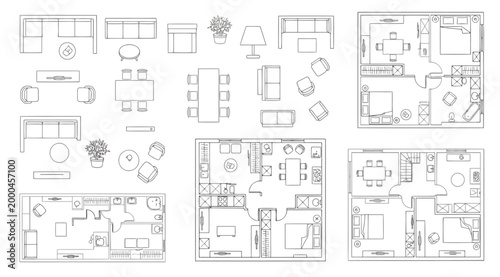 Architectural floor plans and furniture symbols set