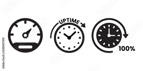 Performance and uptime icons set with speedometer, clock, and 100% availability symbols for website monitoring and server reliability