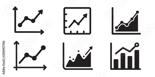 Set of business growth chart icons, line graphs and bar charts showing upward trends, vector illustration