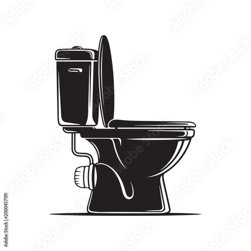 Black and white vector illustration of a toilet bowl with open lid isolated on white background