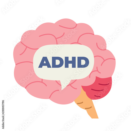 human brain with ADHD speech bubble, mental health concept, neurodiversity, chaotic thoughts illustration, psychology and focus disorder idea- vector illustration