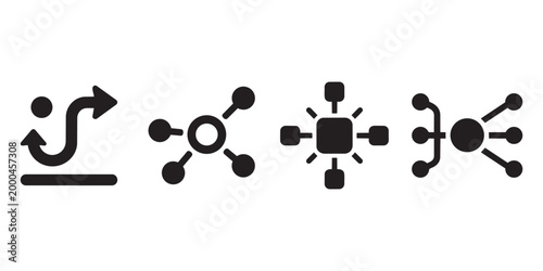 Set of vector icons representing data flow, network connection, central processing unit, and data integration processes