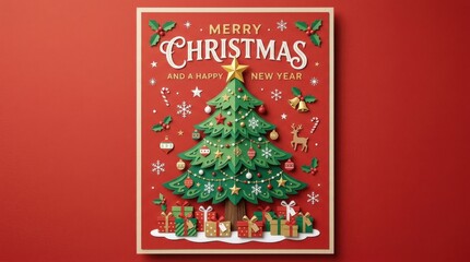 Green paper-style Christmas tree with presents and holiday symbols on red background, festive Christmas greeting card concept, clean bold composition, realistic detail, no logos