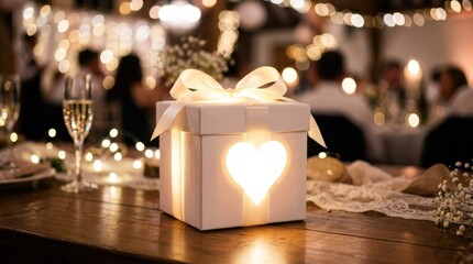 Glowing white gift box with a bright heart shape and bokeh background, romantic present and celebration concept with soft luminous atmosphere, realistic detail, no logos