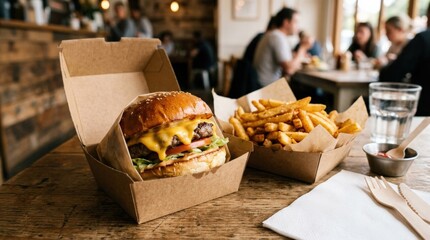 Takeaway burger with cheese and fries, fast food to-go menu, casual meal concept, warm appetizing packaging scene, no logos