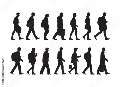 Schilderij op canvas Walking people silhouette set with men and women carrying bags going to school or work locations