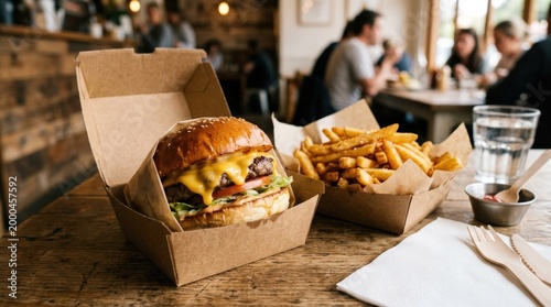 Takeaway burger with cheese and fries, fast food to-go menu, casual meal concept, warm appetizing packaging scene, no logos